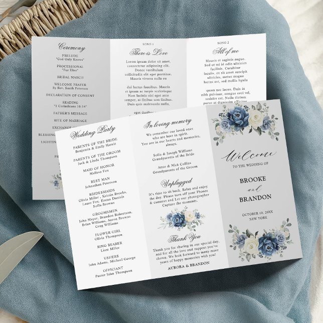 Dusty Blue Ivory Floral Programa de matrimonio tri (Dusty Blue Ivory Floral Tri-fold Wedding Program card)