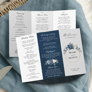 Dusty Blue Ivory Floral Programa de matrimonio tri
