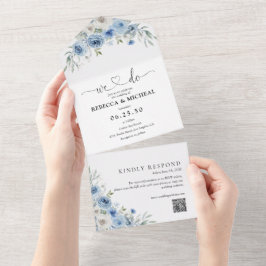 Dusty Blue Ivory todo en una invitación de matrimo