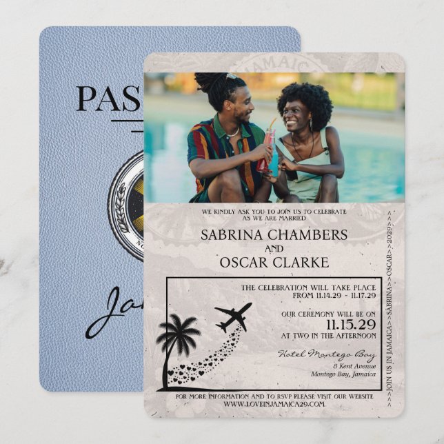 Dusty Blue Jamaica Passport Invitación a la boda (Anverso / Reverso)