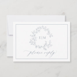 Dusty Blue Leafy Escudo Monograma Boda RSVP Tarjet