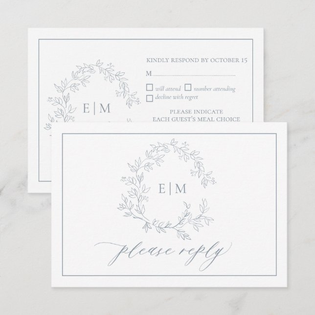 Dusty Blue Leafy Escudo Monograma Boda RSVP Tarjet (Anverso / Reverso)