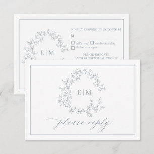 Dusty Blue Leafy Escudo Monograma Boda RSVP Tarjet