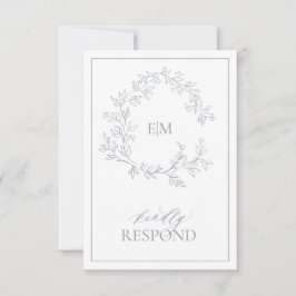 Dusty Blue Leafy Escudo Monograma Boda RSVP Tarjet