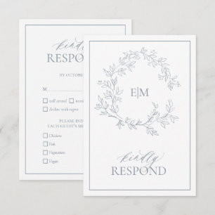Dusty Blue Leafy Escudo Monograma Boda RSVP Tarjet