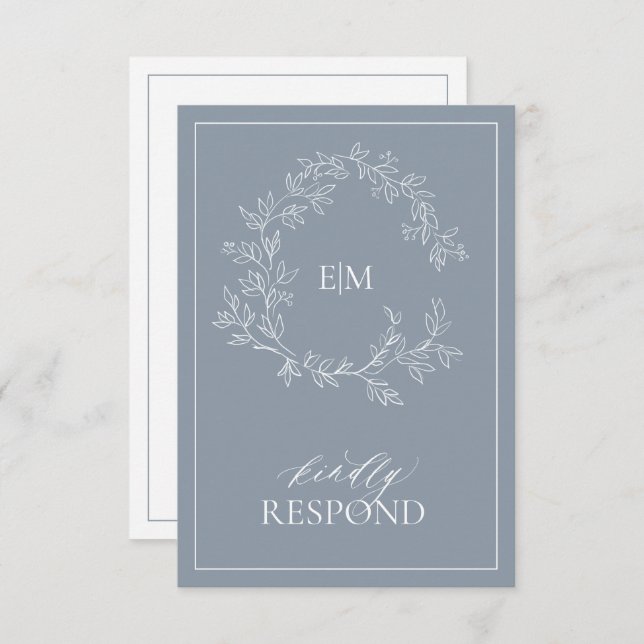 Dusty Blue Leafy Escudo Monograma Boda RSVP Tarjet (Anverso / Reverso)