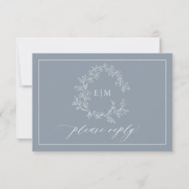 Dusty Blue Leafy Escudo Monograma Boda RSVP Tarjet