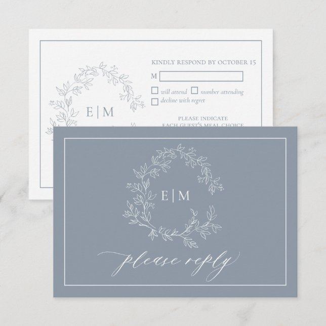 Dusty Blue Leafy Escudo Monograma Boda RSVP Tarjet (Anverso / Reverso)