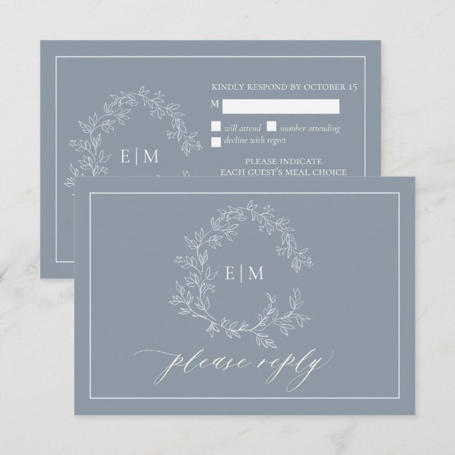 Dusty Blue Leafy Escudo Monograma Boda RSVP Tarjet (Anverso / Reverso)