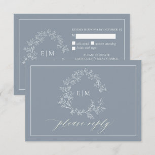 Dusty Blue Leafy Escudo Monograma Boda RSVP Tarjet