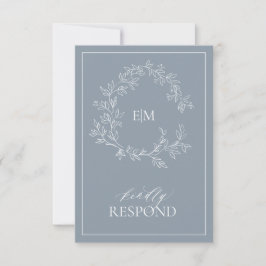 Dusty Blue Leafy Escudo Monograma Boda RSVP Tarjet