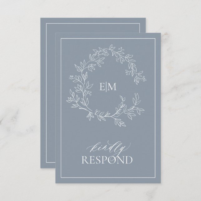 Dusty Blue Leafy Escudo Monograma Boda RSVP Tarjet (Anverso / Reverso)