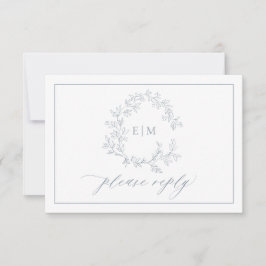 Dusty Blue Leafy Escudo Monograma Boda RSVP Tarjet
