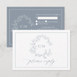 Dusty Blue Leafy Escudo Monograma Boda RSVP Tarjet