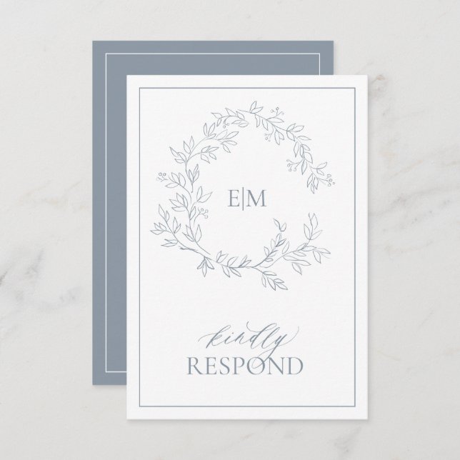 Dusty Blue Leafy Escudo Monograma Boda RSVP Tarjet (Anverso / Reverso)