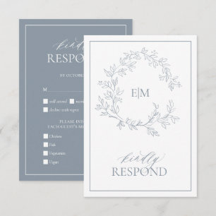 Dusty Blue Leafy Escudo Monograma Boda RSVP Tarjet
