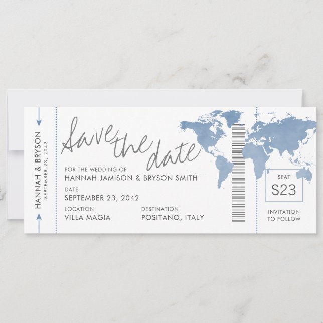 Dusty Blue Map Boarding Pass Ticket Save Date (Anverso)