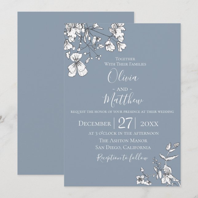 Dusty Blue Meadow Wedding Invitación (Anverso / Reverso)