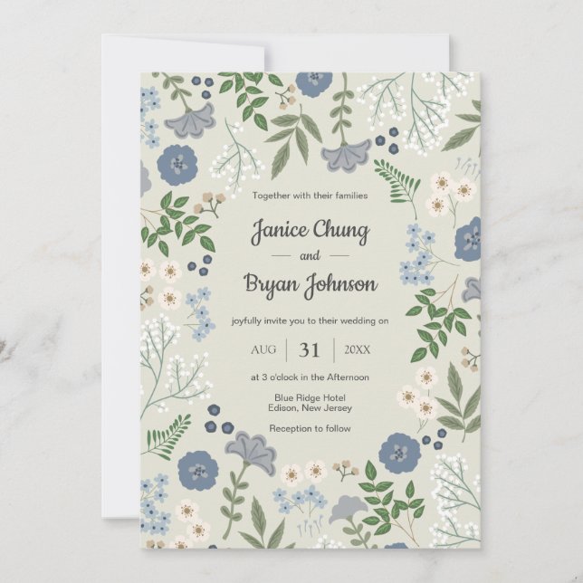 Dusty Blue Modern Floral Wedding Invitación (Anverso)