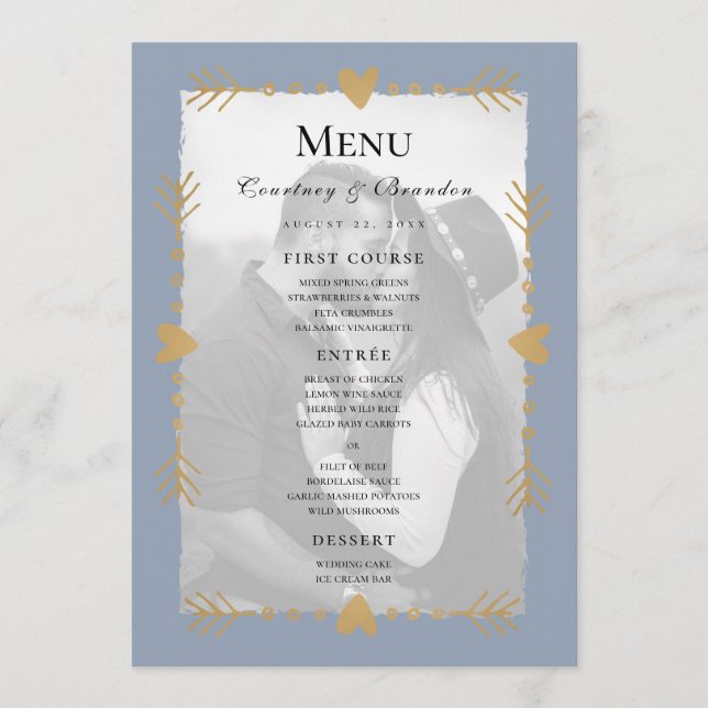 Dusty Blue Modern Photo Gold Hearts Menú Boda (Anverso)