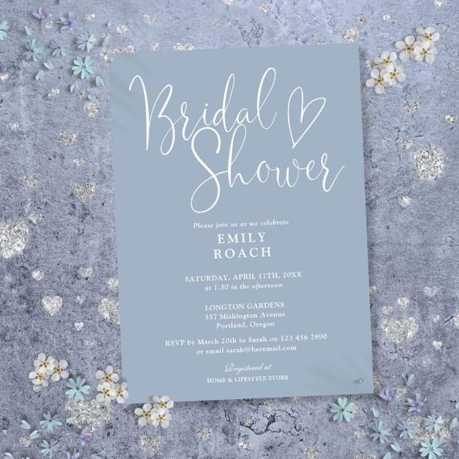 Dusty Blue Moderno Elegante Script Invitación de D (Dusty Blue Modern Elegant Script Bridal Shower Invitation)