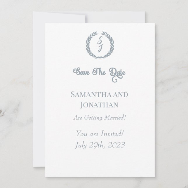 Dusty Blue Monogram Wreath Guardar la tarjeta de f (Anverso)