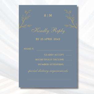 Dusty Blue Monograma Boda Botánica Tarjeta RSVP