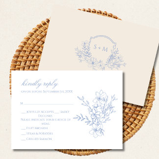Dusty Blue Monogramed Escudo Floral RSVP Card