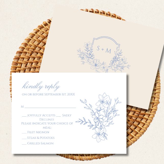 Dusty Blue Monogramed Escudo Floral RSVP Card (Subido por el creador)
