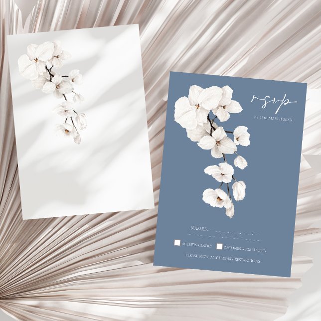 Dusty Blue Orchid Wedding Tarjeta RSVP (Modern Dusty Blue Orchids Floral Wedding RSVP Card)