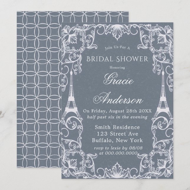 Dusty Blue Paris Francia Bridal Shower Invitación (Anverso / Reverso)