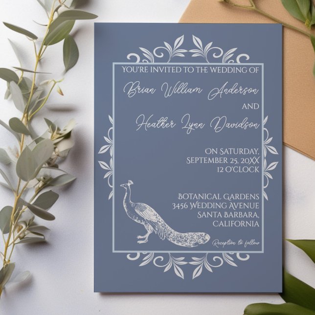 Dusty Blue Peacock Flourish Wedding Invitación (Dusty Blue Peacock Flourish Wedding Invitation)