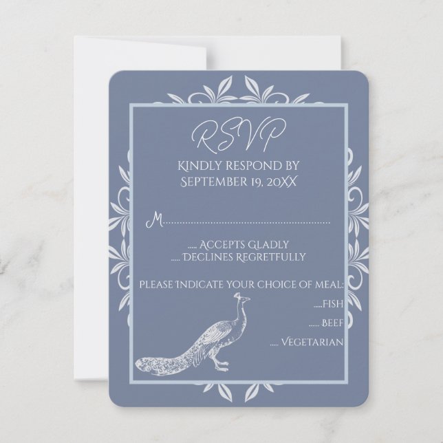 Dusty Blue Peacock Flourish Wedsh Tarjeta RSVP (Anverso)
