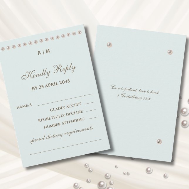 Dusty Blue Pearl Christian Wedding RSVP Card  (Subido por el creador)