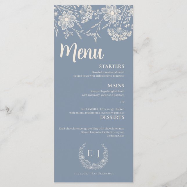 Dusty Blue Periwinkle Wildflower Wedding Menu (Anverso)