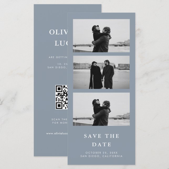 Dusty Blue Photo Strip Boda de código QR (Anverso / Reverso)