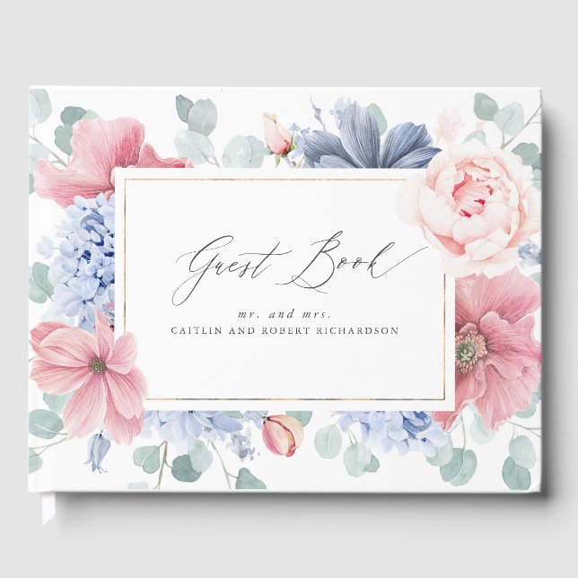 Dusty Blue Pink Floral Elegante libro de invitados (Anverso)