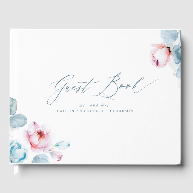 Dusty Blue Pink Floral Elegante libro de invitados (Anverso)