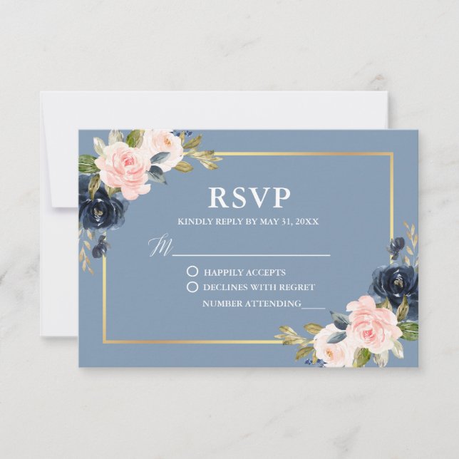 Dusty Blue Pink Floral Gold Frame Wedding RSVP (Anverso)