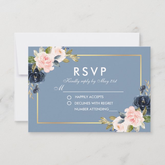 Dusty Blue Pink Rubor Floral Gold Wedding RSVP (Anverso)