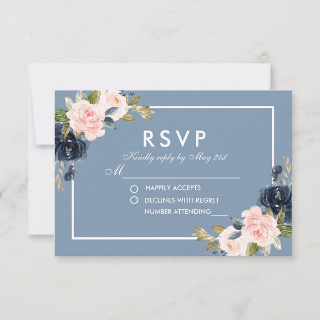 Dusty Blue Pink Rubor Floral Wedding RSVP (Anverso)