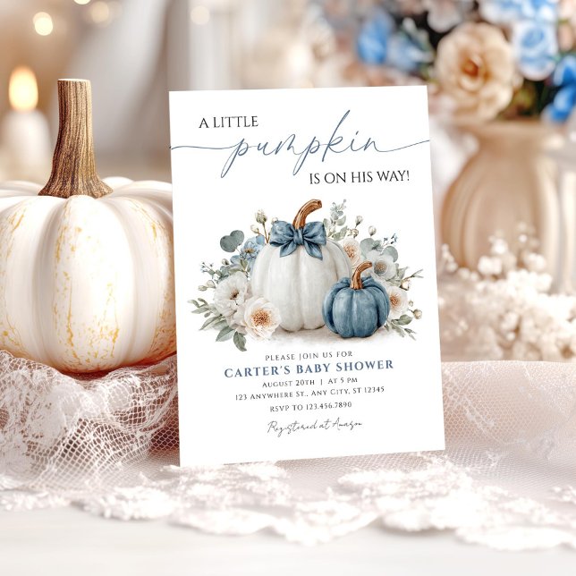 Dusty Blue Pumpkin Boy Invitación de Baby Shower (Subido por el creador)