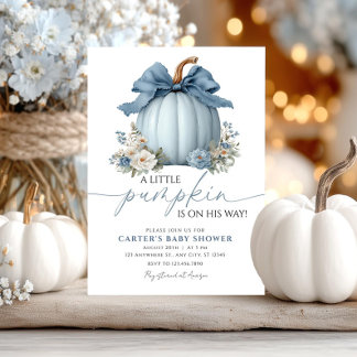 Dusty Blue Pumpkin Boy Invitación de Baby Shower