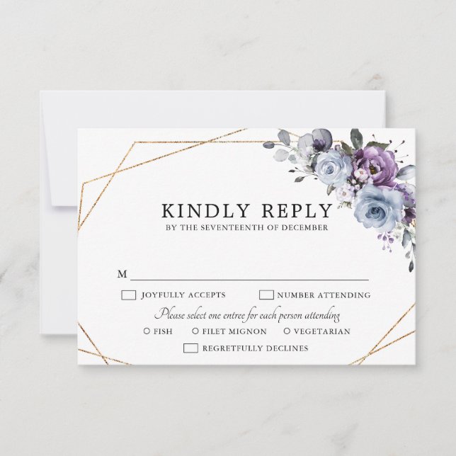 Dusty Blue Purple Navy Lilac Blooms Wedding RSVP C (Anverso)