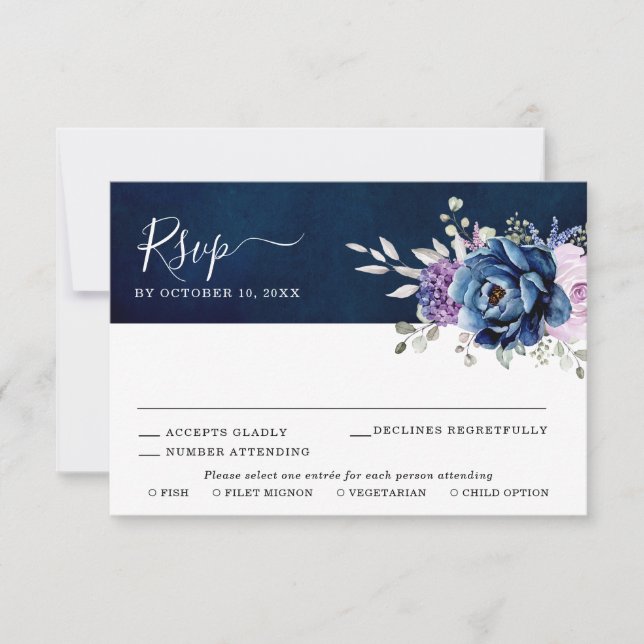 Dusty Blue Purple Navy Lilac Blooms Wedding RSVP C (Anverso)