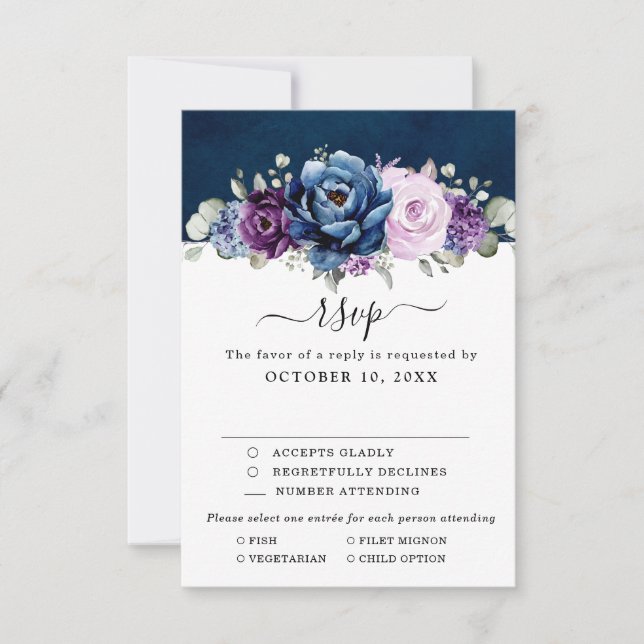 Dusty Blue Purple Navy Lilac Blooms Wedding RSVP C (Anverso)