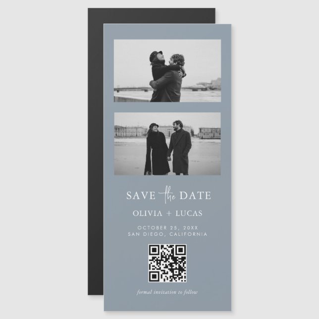 Dusty Blue QR Code Photo Strip Boda magnético (Anverso/Reverso)