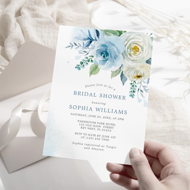 Dusty Blue Rosa Floral Bridal Shower Invitación (Subido por el creador)