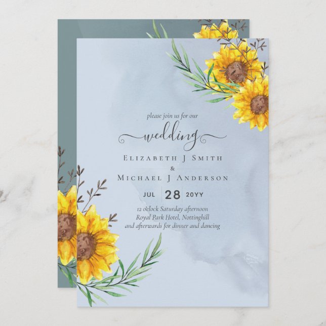 Dusty Blue Sage Sunflowers Rustic Boho Boda (Anverso / Reverso)
