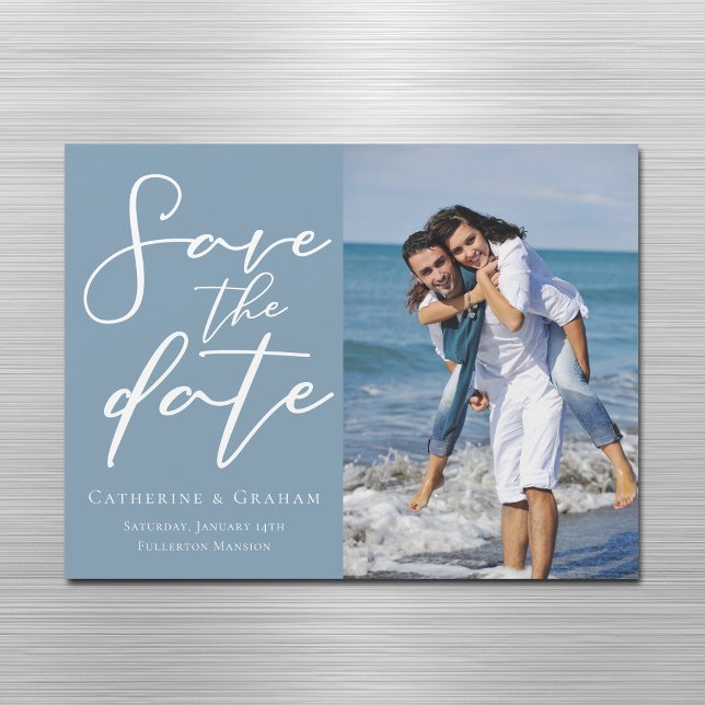 Dusty Blue Save the Date Couple Photo Magnet Card (Subido por el creador)